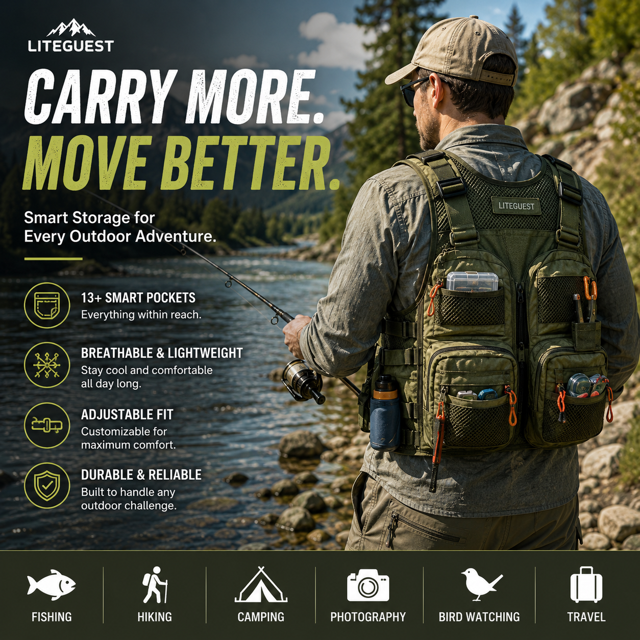 LITEGUEST Outdoor Utility Vest – Multi-Pocket Fishing & Hiking Vest