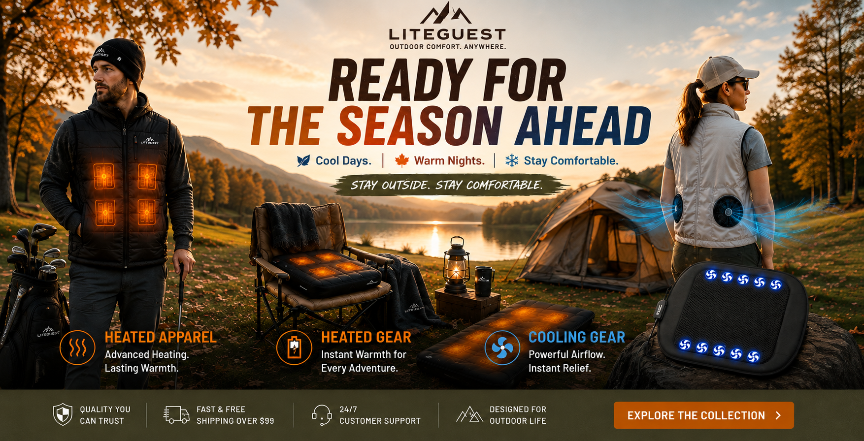 LITEGUEST fall outdoor gear featuring heated apparel, heated gear and cooling gear