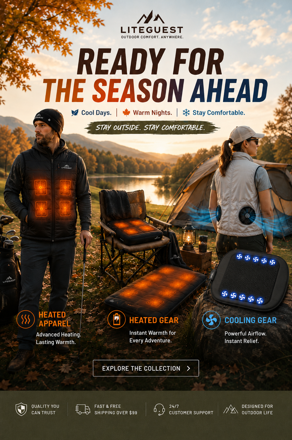 LITEGUEST fall outdoor gear featuring heated apparel, heated gear and cooling gear