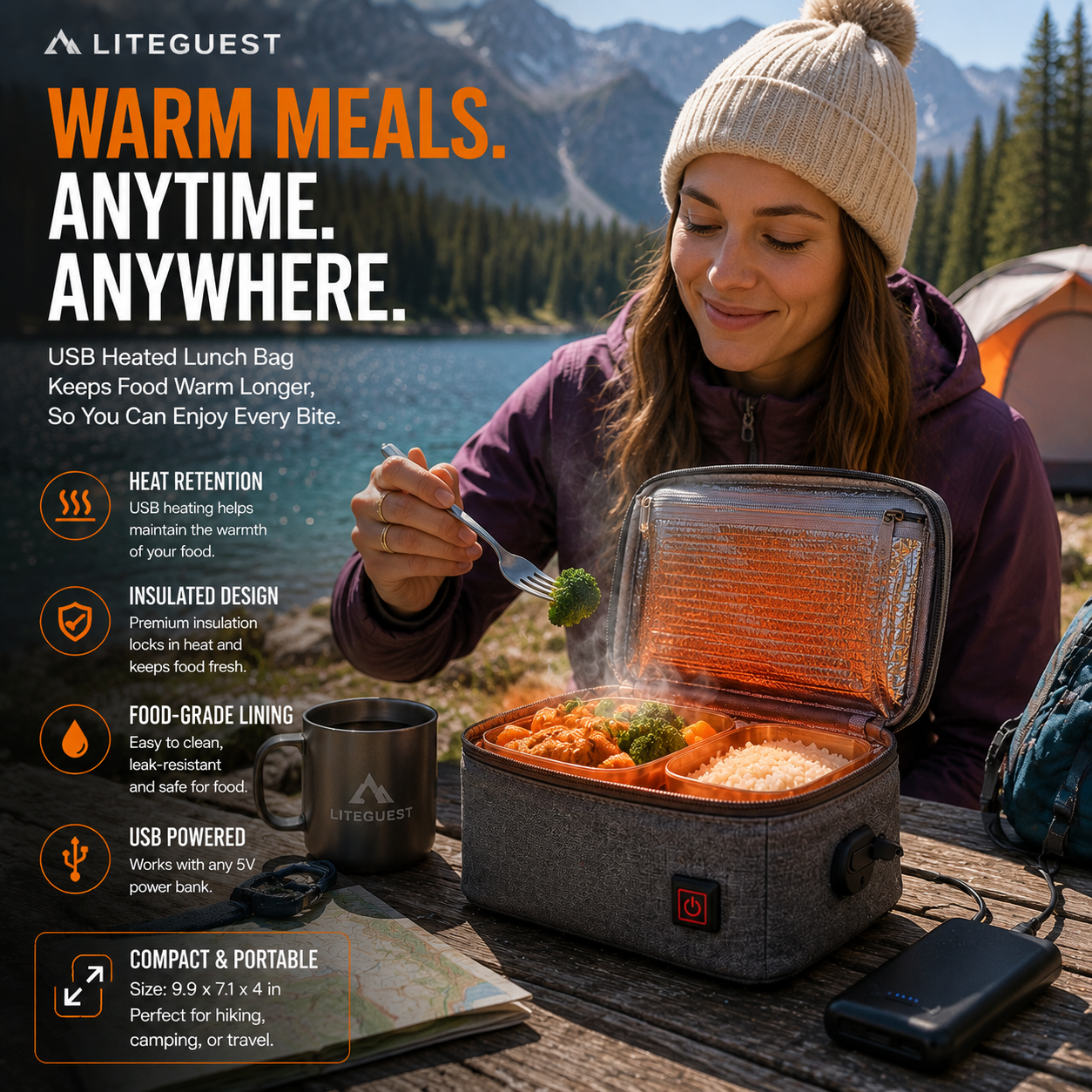 LITEGUEST USB Heated Insulated Lunch Bag | Keeps Meals Warm Anytime