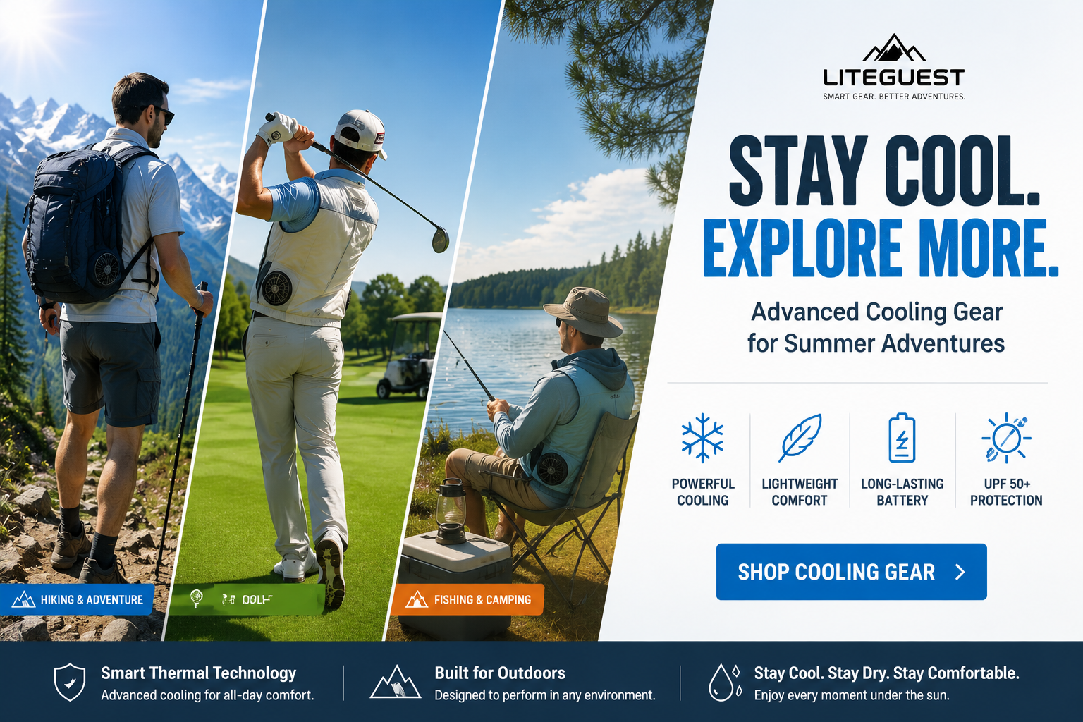 Summer outdoor cooling gear by LITEGUEST for hiking, golf, fishing, and camping adventures