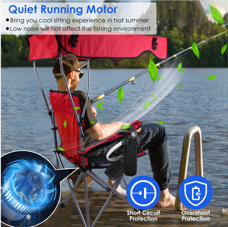 Angler using LITEGUEST fan‑cooled seat cushion on fishing chair at lakeside